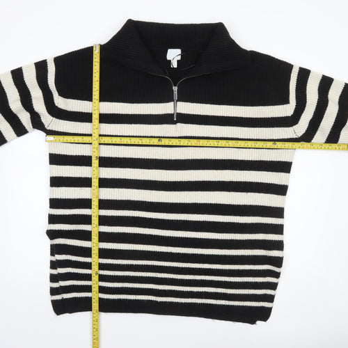 H&M Women’s Black Striped High Neck 1/4 Zip Knit Jumper Size L