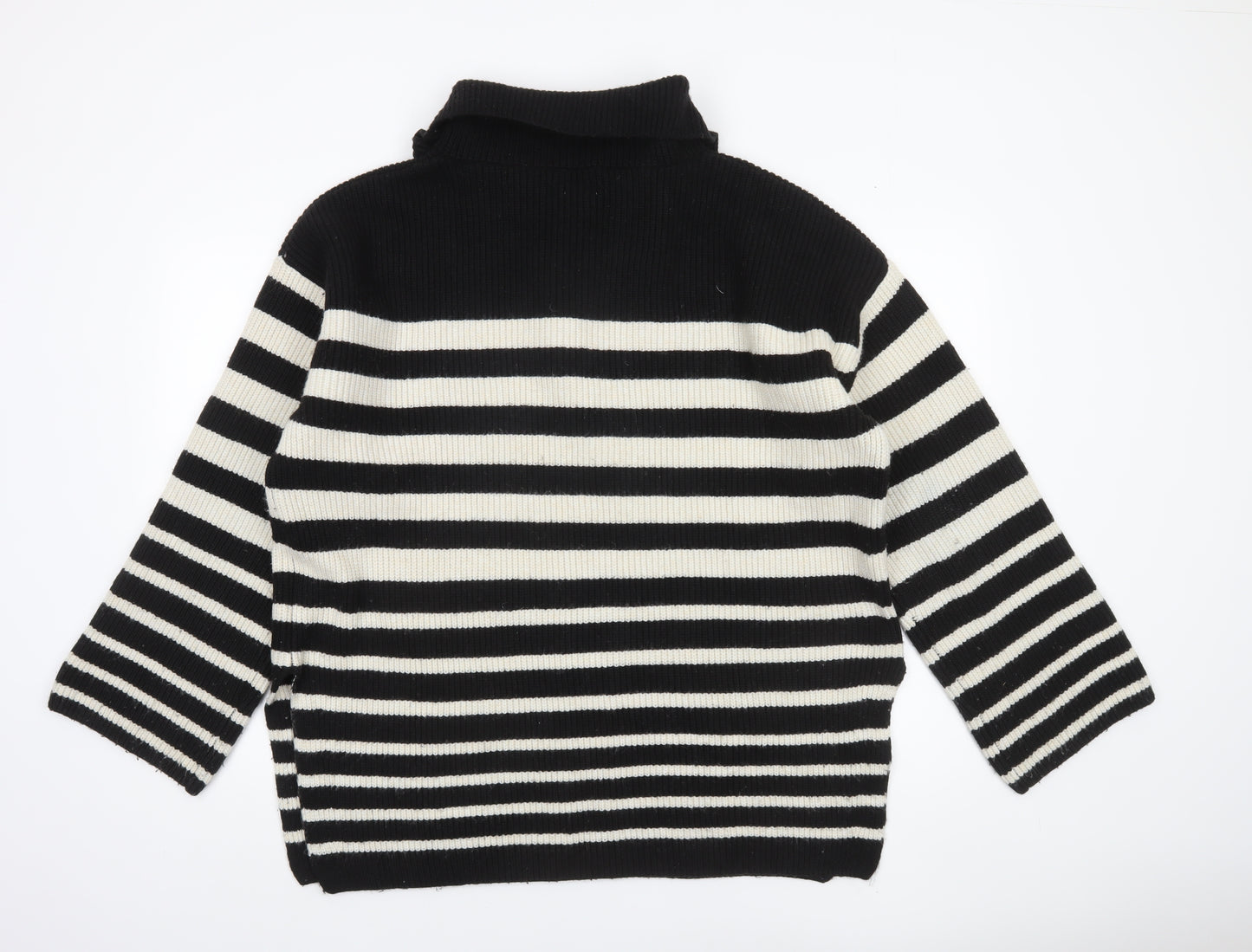 H&M Women’s Black Striped High Neck 1/4 Zip Knit Jumper Size L