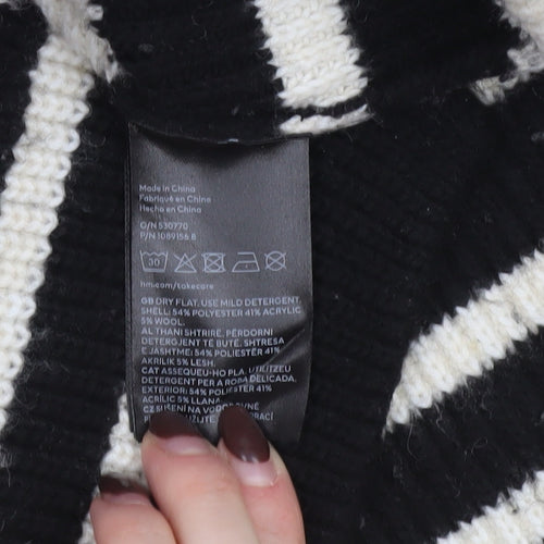 H&M Women’s Black Striped High Neck 1/4 Zip Knit Jumper Size L