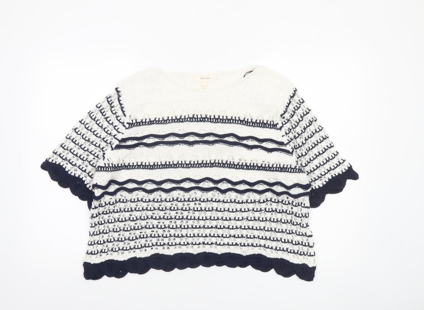 Marks and Spencer Per Una Women’s Ivory Navy Striped Knit Short Sleeve Jumper L