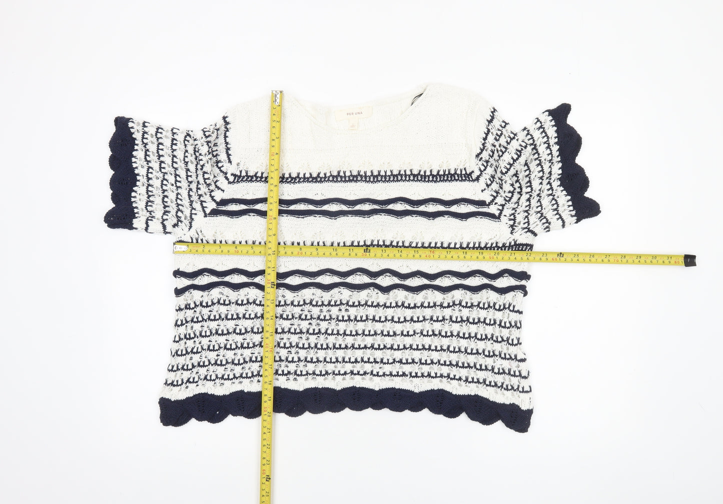 Marks and Spencer Per Una Women’s Ivory Navy Striped Knit Short Sleeve Jumper L