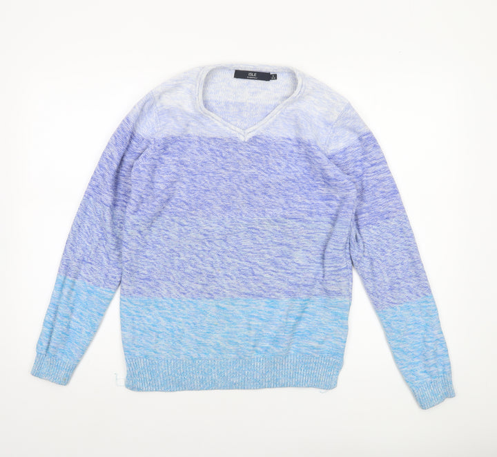 Isle Essentials Women Blue V-Neck Cotton Knit Jumper Size S 10-12