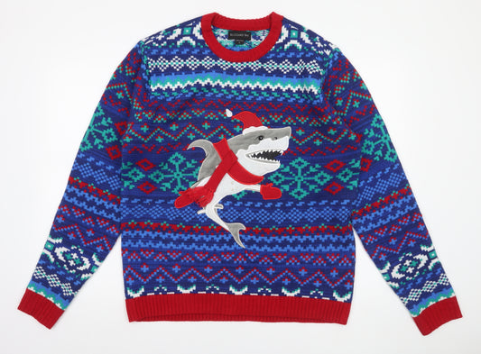 Blizzard Bay Men's Blue Shark Christmas Jumper Size L Crew Neck Knit