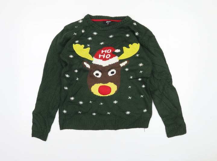 Rebel Boys Green Christmas Reindeer Pullover Jumper Size 158cm
