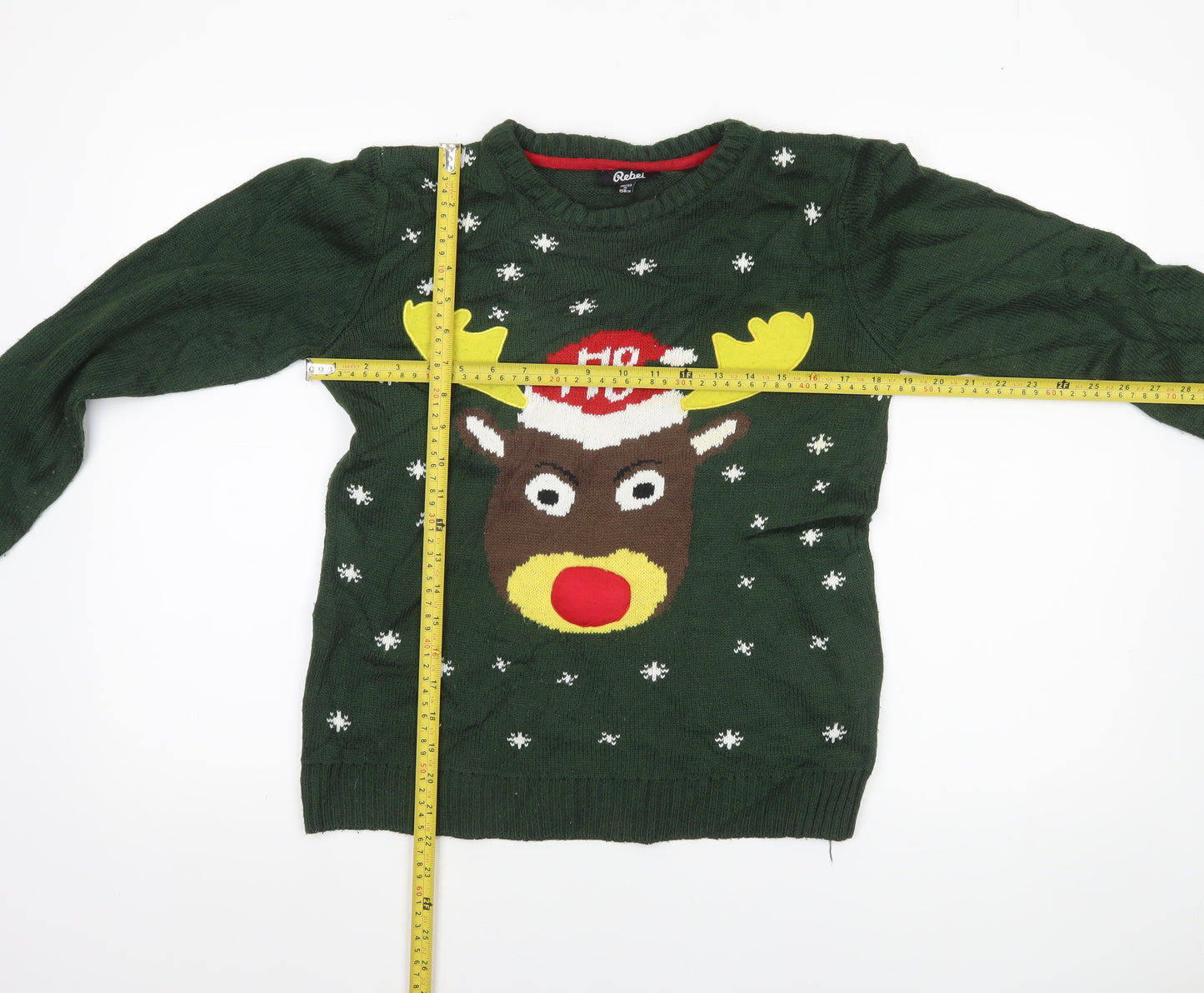 Rebel Boys Green Christmas Reindeer Pullover Jumper Size 158cm