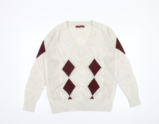 Next Women’s Cream Argyle V-Neck Wool Blend Jumper Size 14