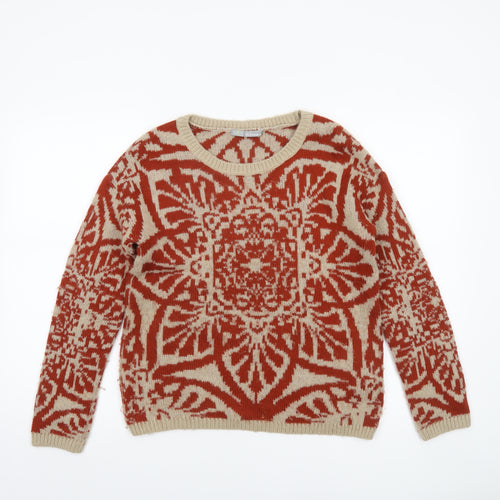 Marks and Spencer Women's Beige Red Geometric Knit Jumper Size 8