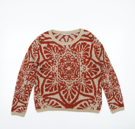 Marks and Spencer Women's Beige Red Geometric Knit Jumper Size 8