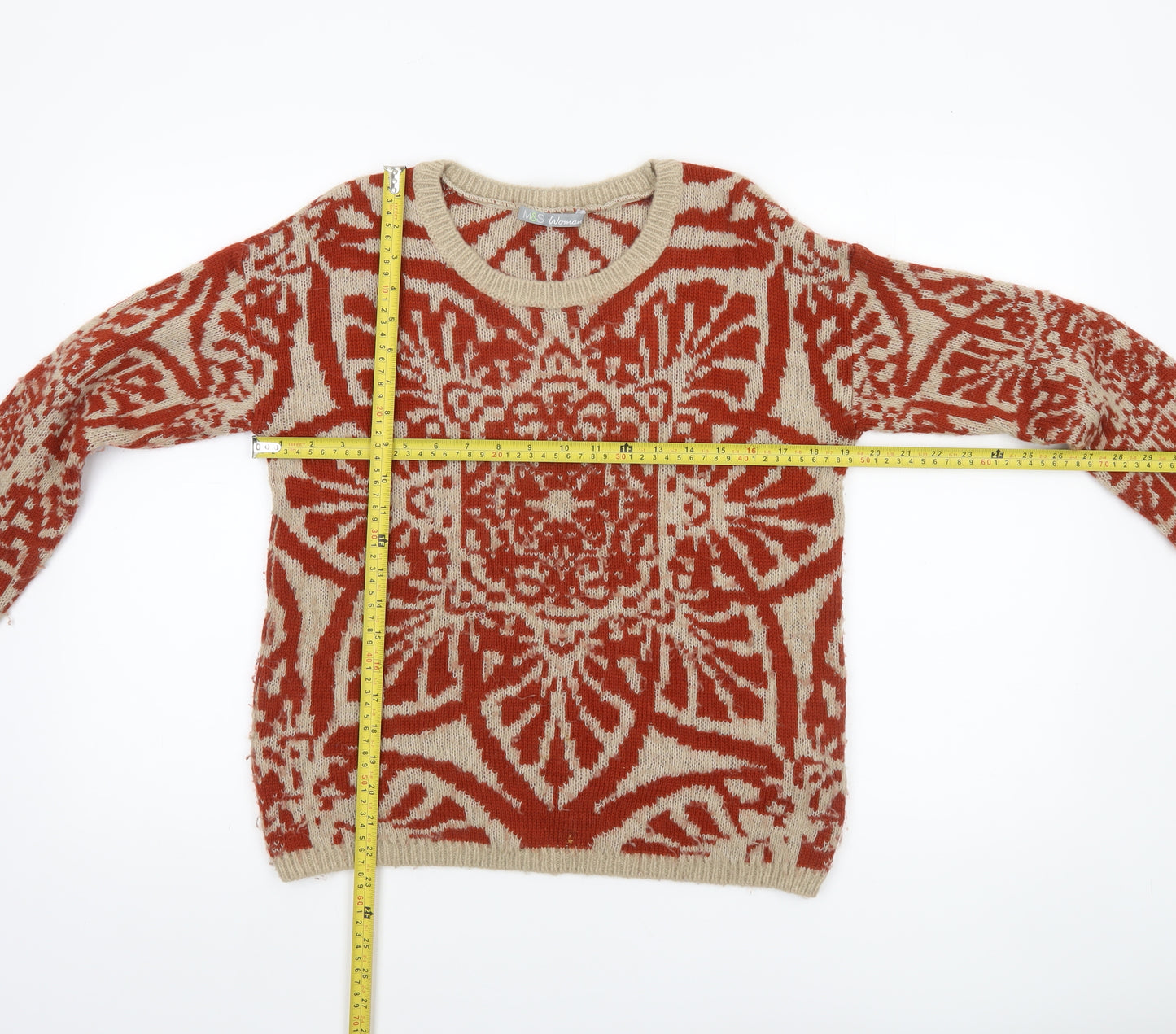 Marks and Spencer Women's Beige Red Geometric Knit Jumper Size 8