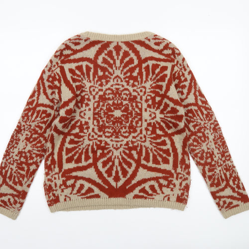 Marks and Spencer Women's Beige Red Geometric Knit Jumper Size 8