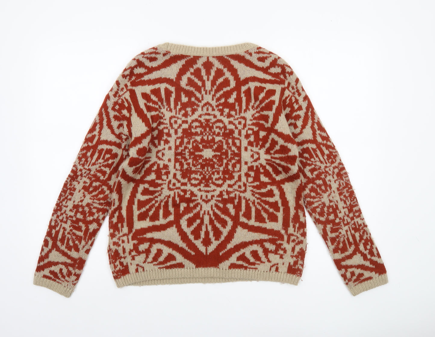 Marks and Spencer Women's Beige Red Geometric Knit Jumper Size 8