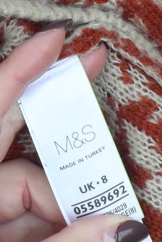 Marks and Spencer Women's Beige Red Geometric Knit Jumper Size 8