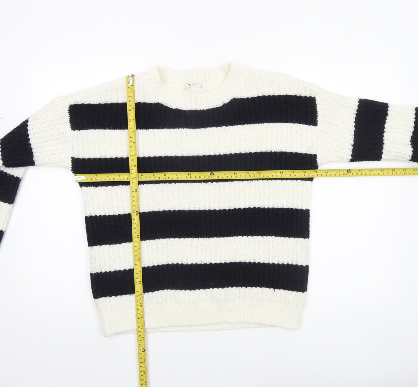 Tu Women’s Black White Striped Chunky Knit Jumper Size 10