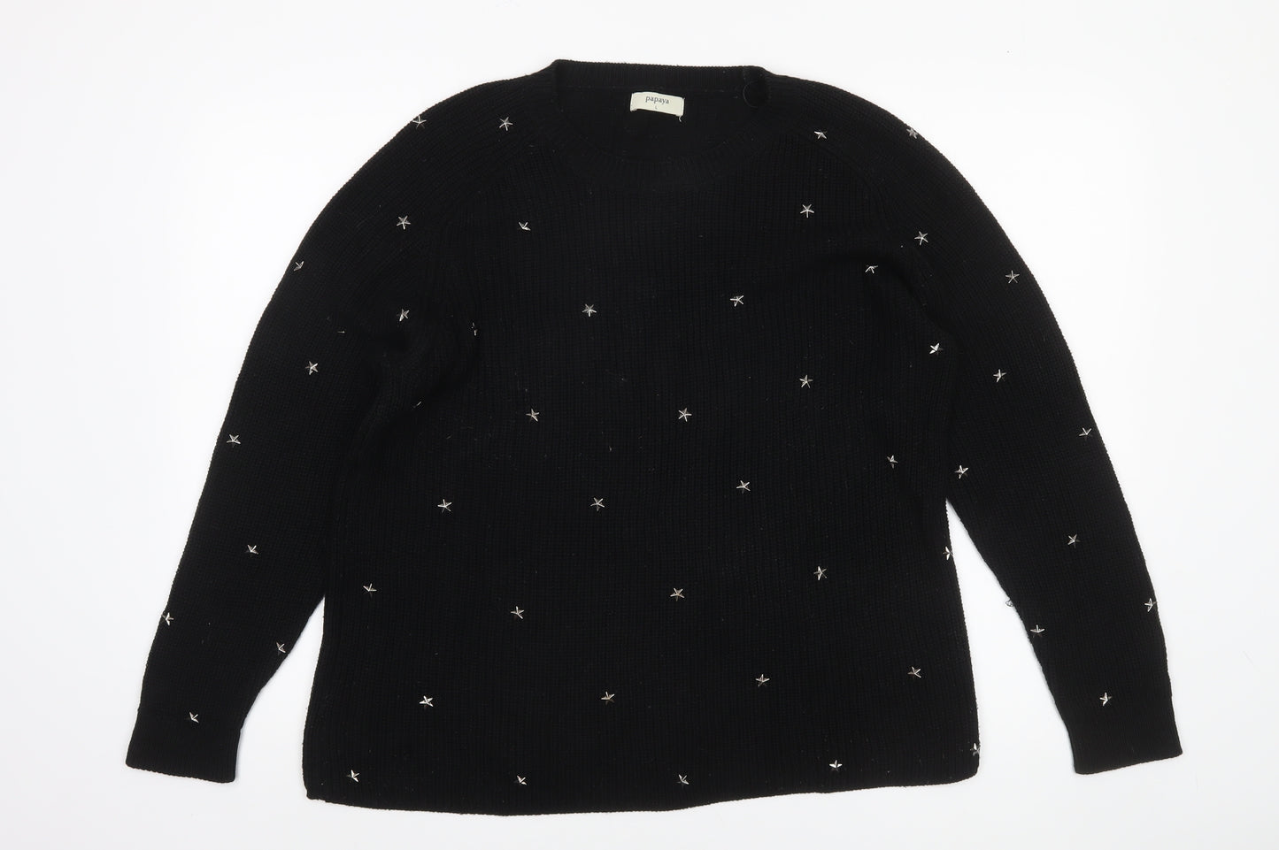 Papaya Womens Black Star Embroidered Knit Jumper L