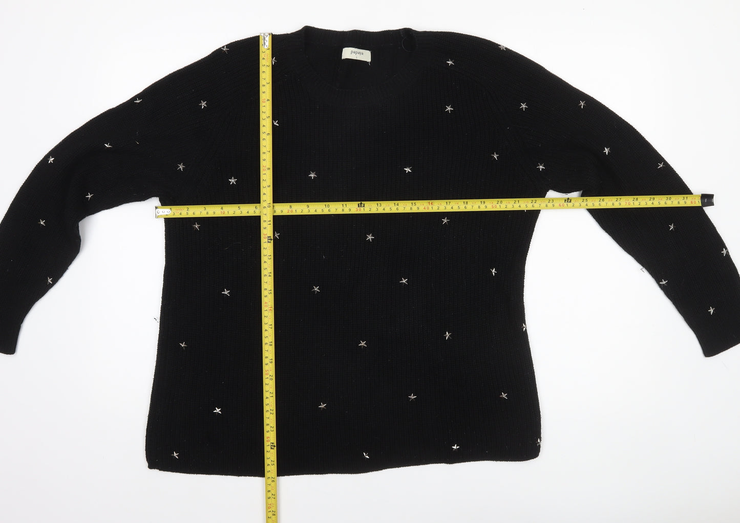 Papaya Womens Black Star Embroidered Knit Jumper L