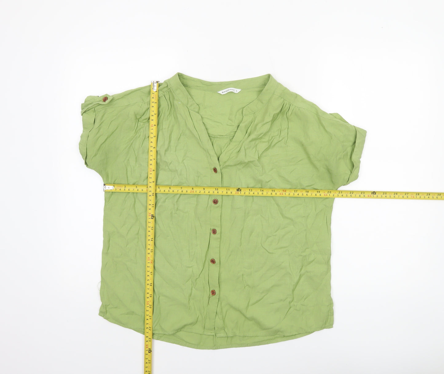 Encuentro Womens Green Short Sleeve Button Blouse Size S