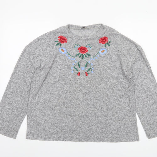 Zara Women Grey Floral Embroidered Wool Blend Jumper M