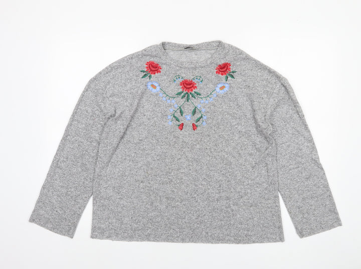 Zara Women Grey Floral Embroidered Wool Blend Jumper M