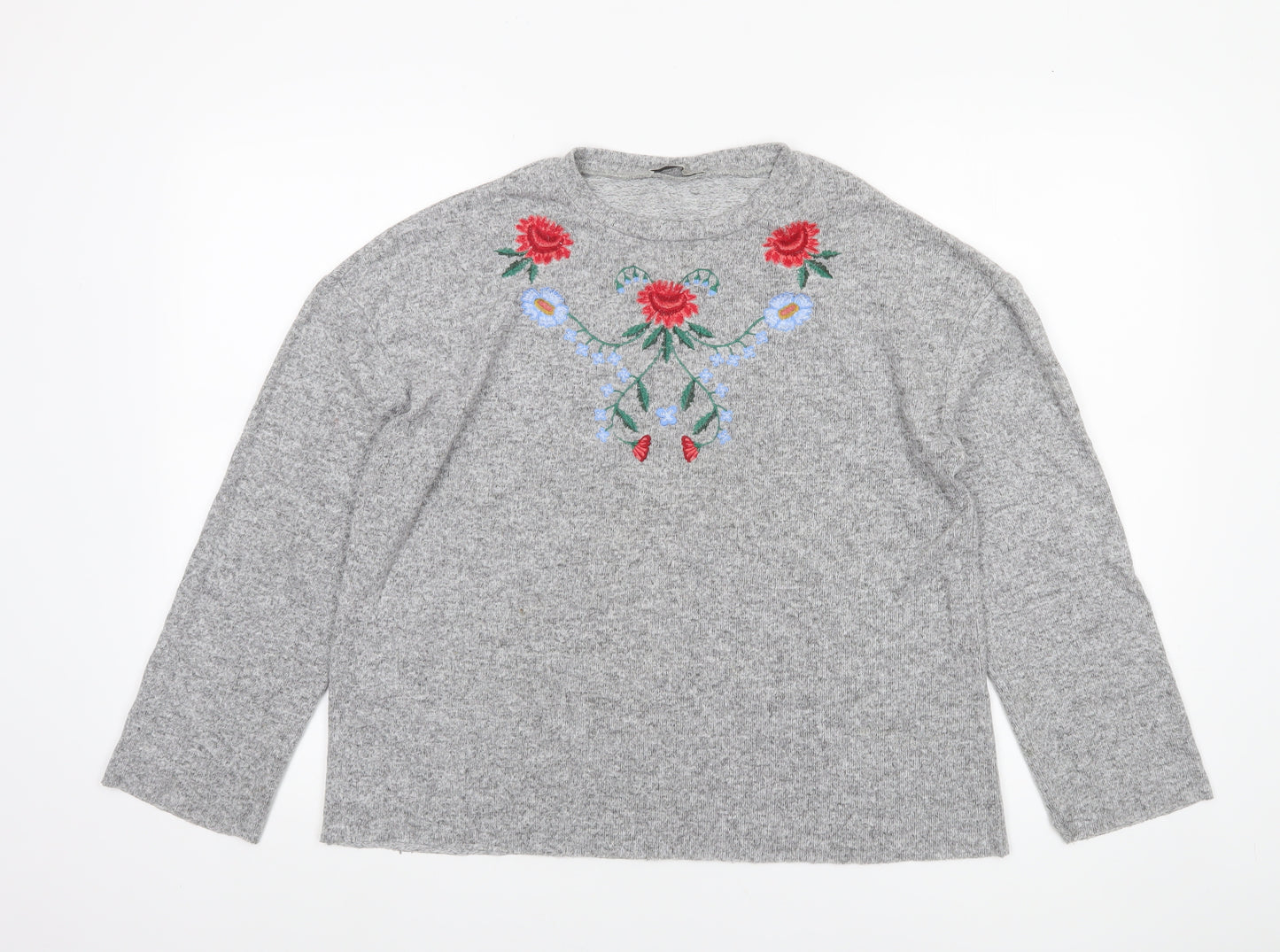 Zara Women Grey Floral Embroidered Wool Blend Jumper M
