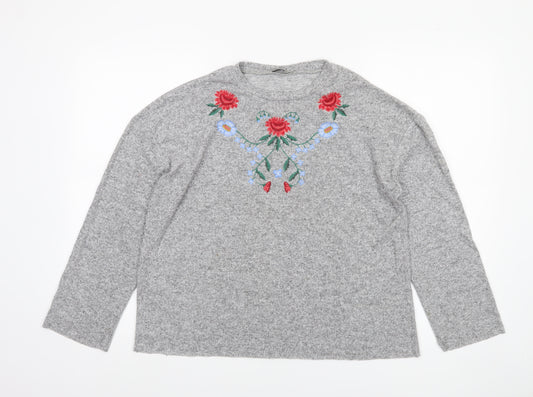 Zara Women Grey Floral Embroidered Wool Blend Jumper M