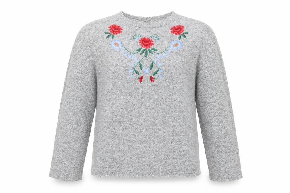 Front view of Zara Women Grey Floral Embroidered Wool Blend Jumper M