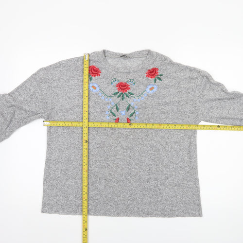 Zara Women Grey Floral Embroidered Wool Blend Jumper M