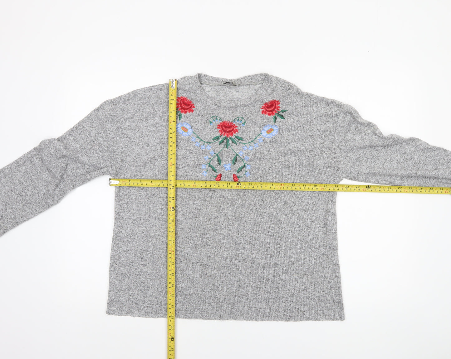 Zara Women Grey Floral Embroidered Wool Blend Jumper M