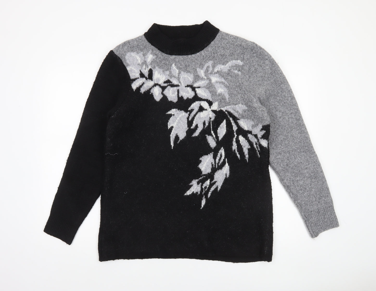 Klass Womens Black Grey Floral Wool Blend High Neck Jumper Size M
