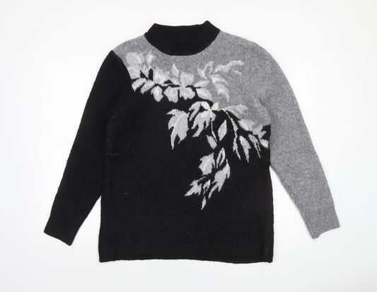 Klass Womens Black Grey Floral Wool Blend High Neck Jumper Size M