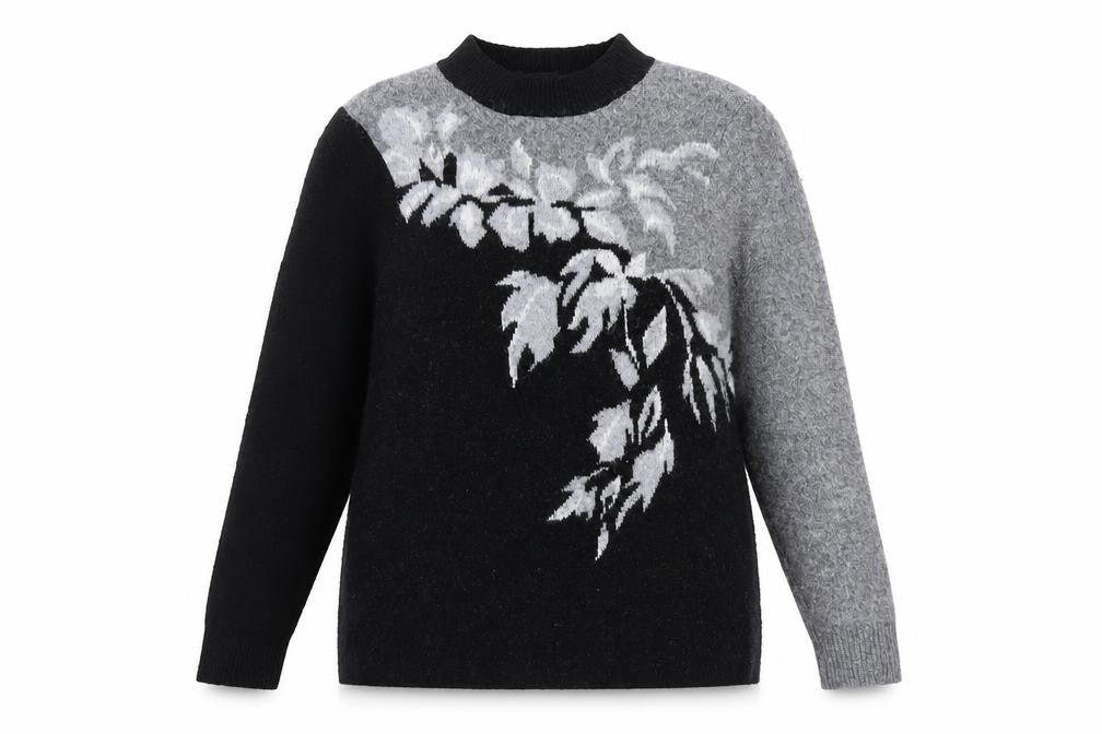 Front view of Klass women’s black grey floral wool blend high neck jumper, size M
