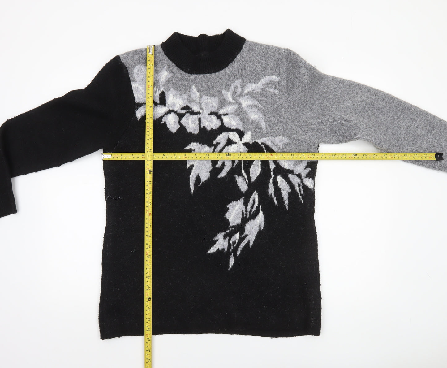 Klass Womens Black Grey Floral Wool Blend High Neck Jumper Size M