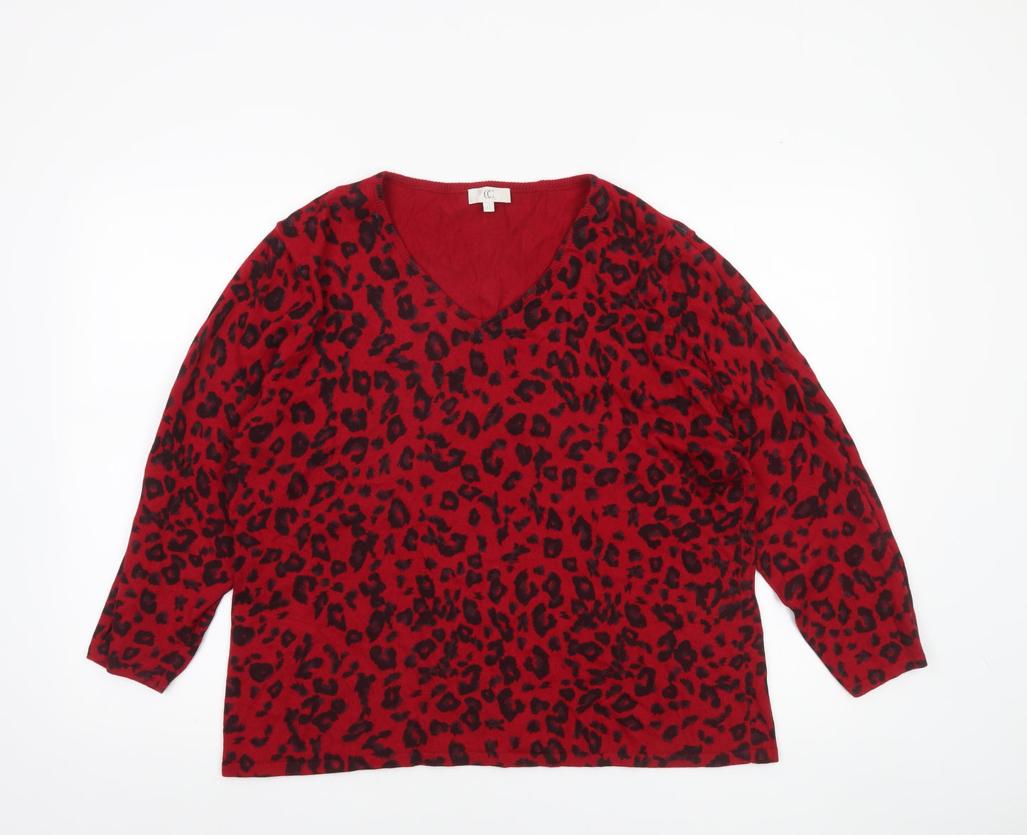 CC Women’s Red Leopard Print V-Neck Knit Jumper XL