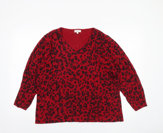 CC Women’s Red Leopard Print V-Neck Knit Jumper XL