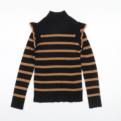 F&F Women’s Black & Tan Striped Mock Neck Ruffle Jumper Size 8