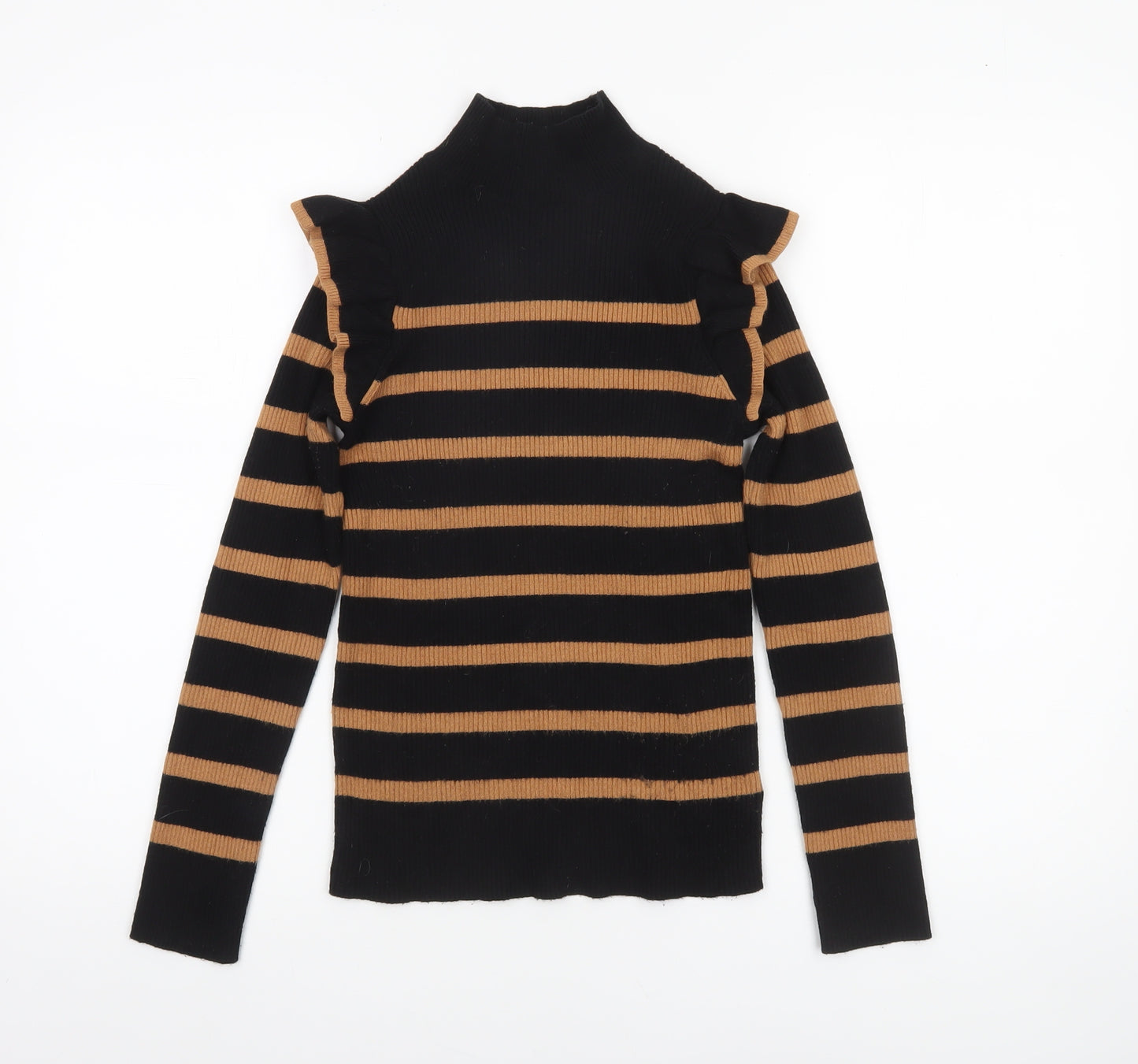 F&F Women’s Black & Tan Striped Mock Neck Ruffle Jumper Size 8