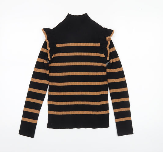 F&F Women’s Black & Tan Striped Mock Neck Ruffle Jumper Size 8
