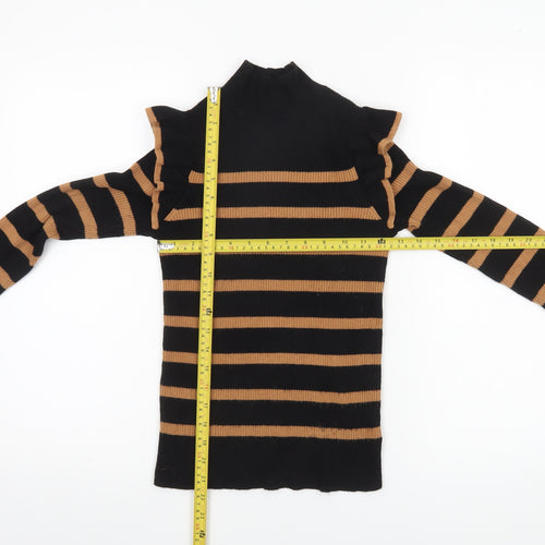 F&F Women’s Black & Tan Striped Mock Neck Ruffle Jumper Size 8