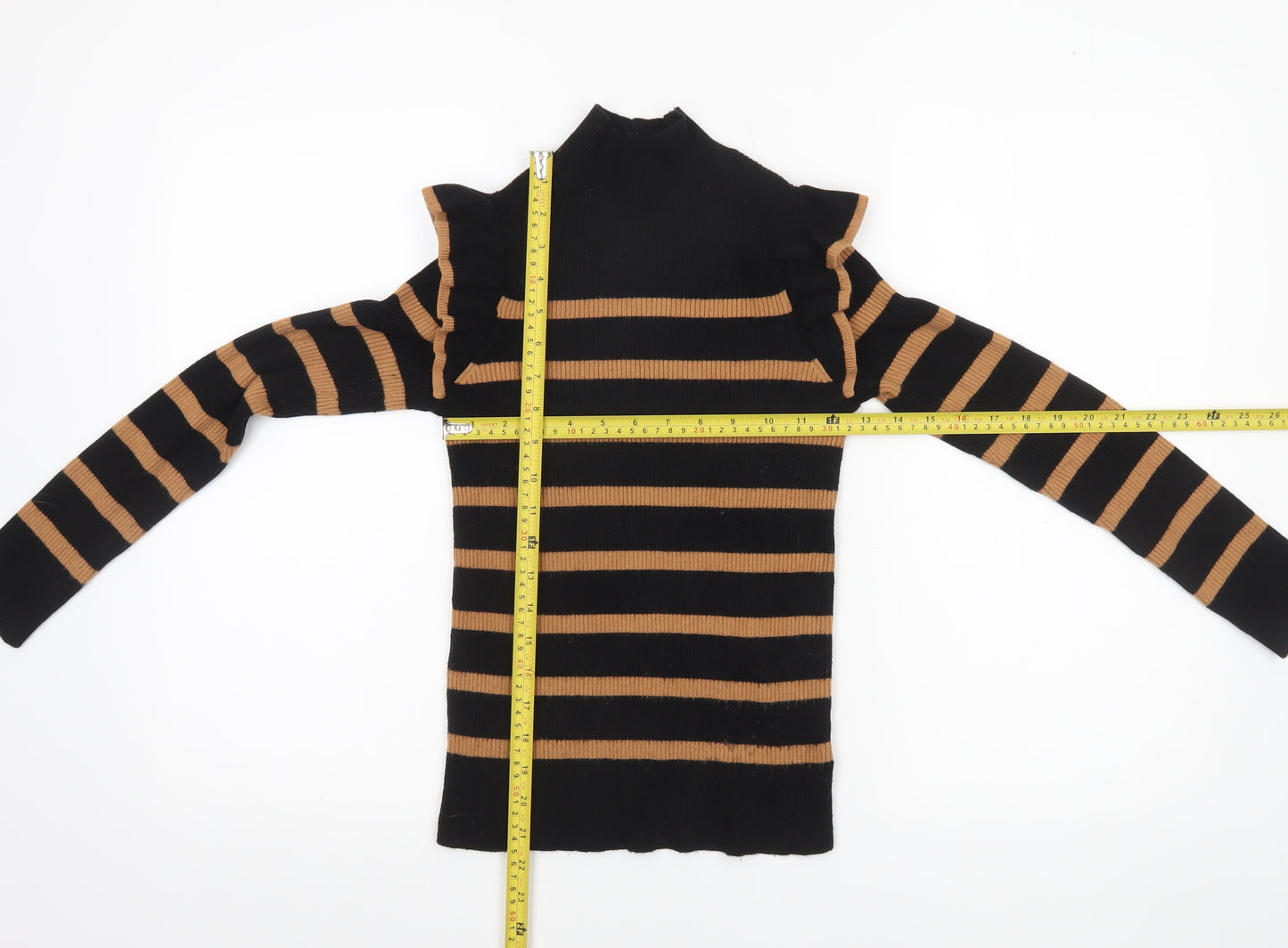 F&F Women’s Black & Tan Striped Mock Neck Ruffle Jumper Size 8