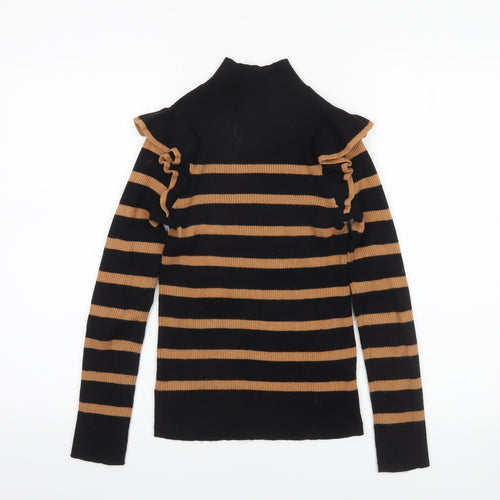 F&F Women’s Black & Tan Striped Mock Neck Ruffle Jumper Size 8