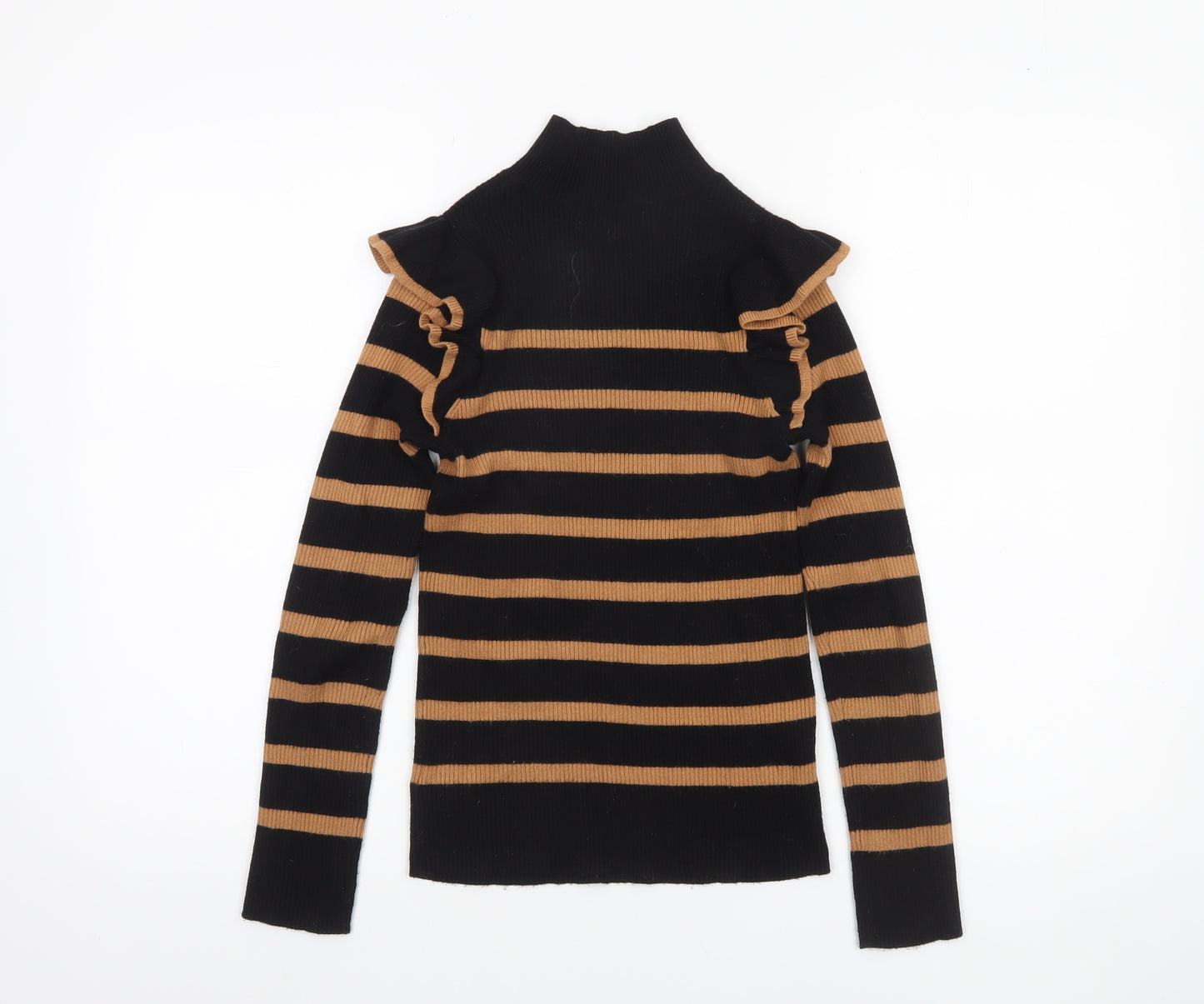 F&F Women’s Black & Tan Striped Mock Neck Ruffle Jumper Size 8