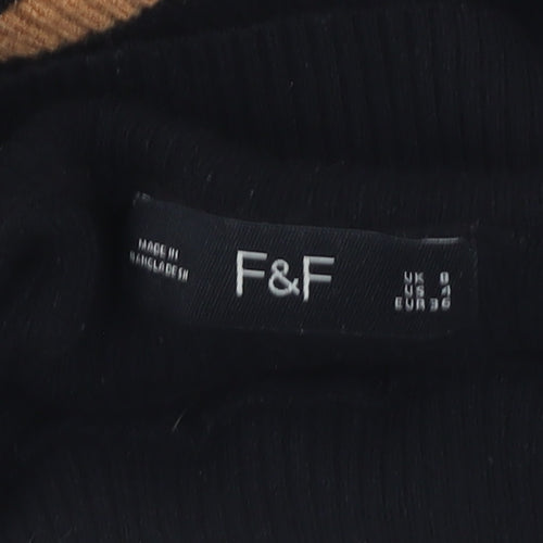 F&F Women’s Black & Tan Striped Mock Neck Ruffle Jumper Size 8