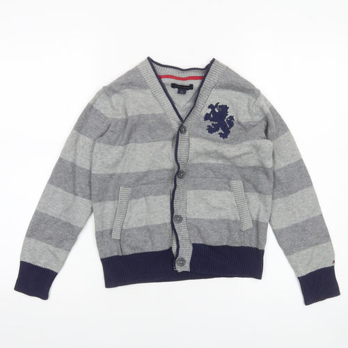 Tommy Hilfiger Boys Grey Striped Cardigan Jumper Size 6-7 Years Cotton Blend