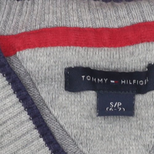 Tommy Hilfiger Boys Grey Striped Cardigan Jumper Size 6-7 Years Cotton Blend