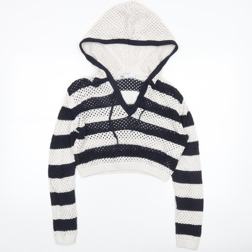 Zara Women’s Multicoloured Striped Open-Knit Hooded Pullover Jumper Size 12