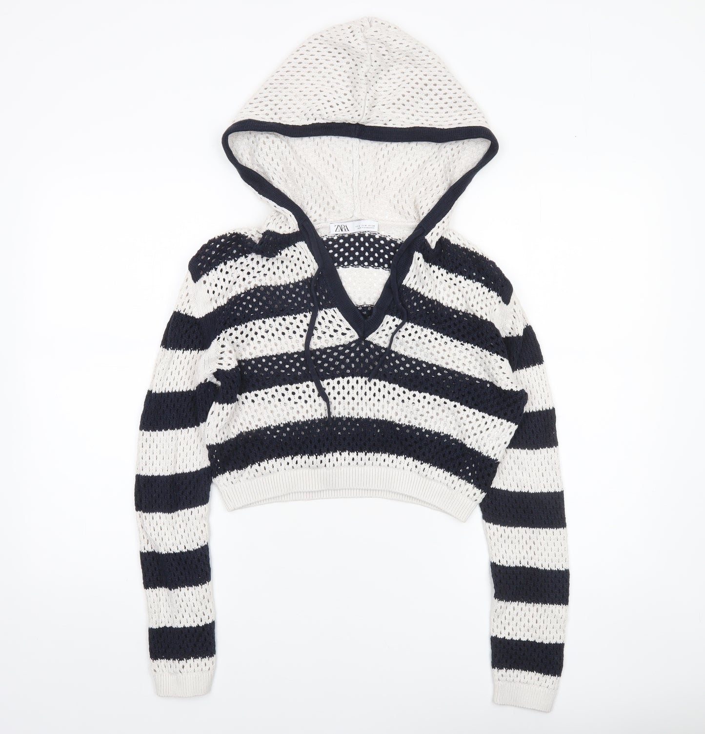 Zara Women’s Multicoloured Striped Open-Knit Hooded Pullover Jumper Size 12