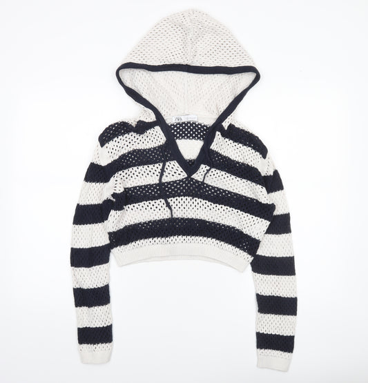 Zara Women’s Multicoloured Striped Open-Knit Hooded Pullover Jumper Size 12