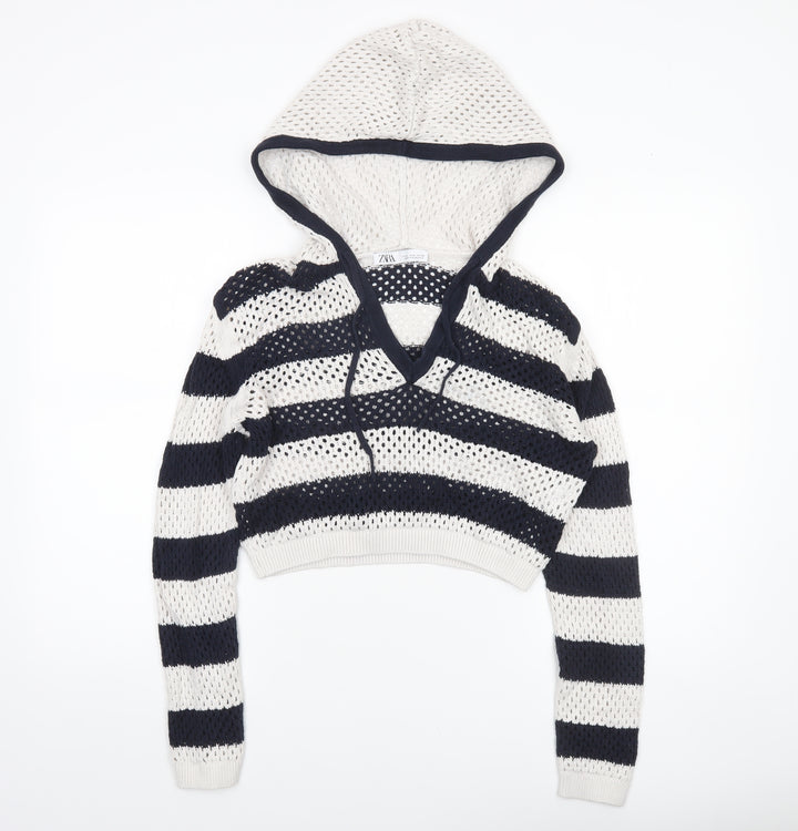 Zara Women’s Multicoloured Striped Open-Knit Hooded Pullover Jumper Size 12