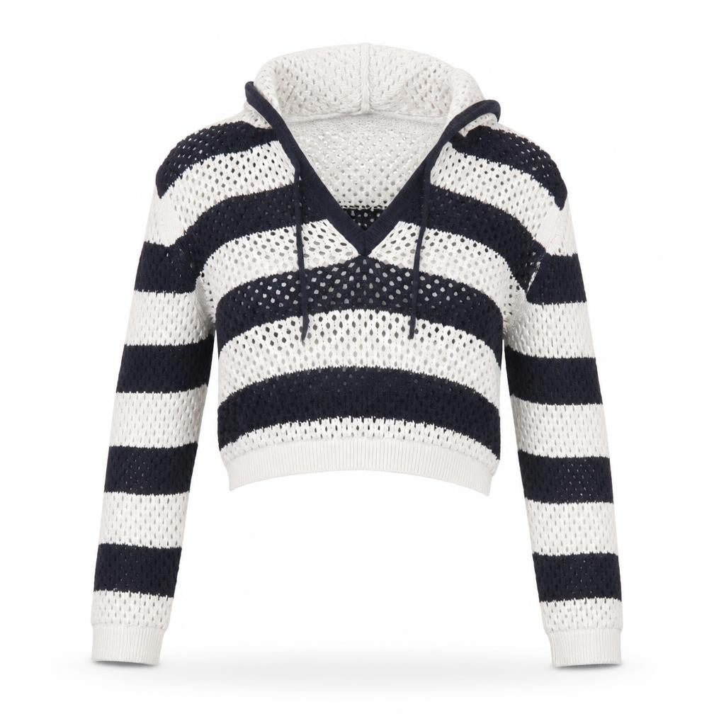 Front view of Zara Women’s Multicoloured Striped Open-Knit Hooded jumper, size UK 12