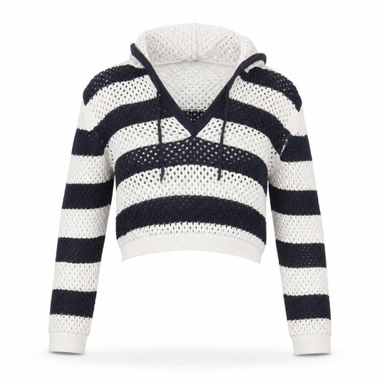 Front view of Zara Women’s Multicoloured Striped Open-Knit Hooded jumper, size UK 12