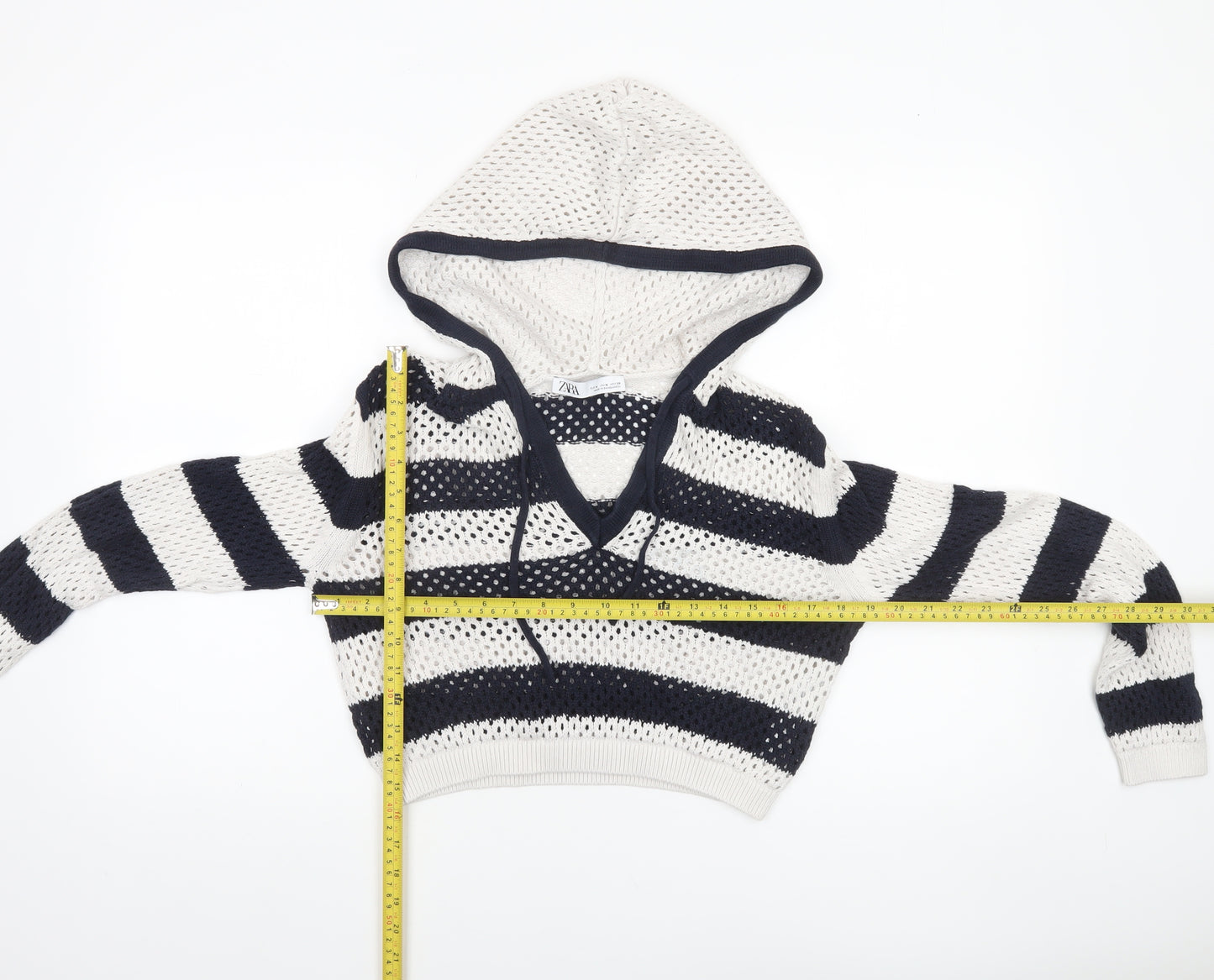 Zara Women’s Multicoloured Striped Open-Knit Hooded Pullover Jumper Size 12